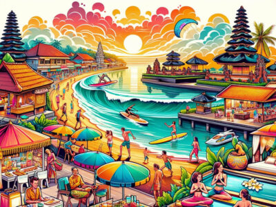 Karikatur warna-warni Seminyak, Bali, menampilkan aktivitas pantai, hiasan penjor tradisional, pasar makanan jalanan, dan Pura saat matahari terbenam.