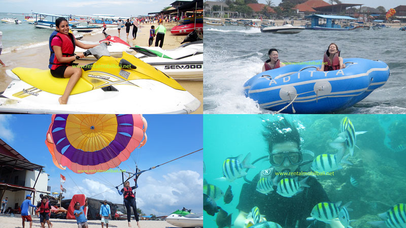 Wisatawan menikmati aktivitas watersport seperti jet-ski, banana boat, dan parasailing di Pantai Tanjung Benoa, Bali.