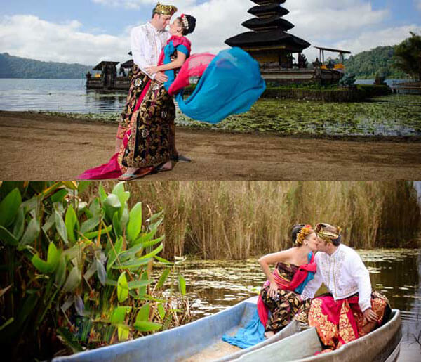 Pasangan calon pengantin dalam balutan busana tradisional Bali berpose di Pura Ulun Danu Beratan Bedugul, dan di perahu di tengah Danau Beratan