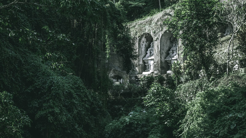 Ukiran kuno Pura Gunung Kawi yang dikelilingi oleh dedaunan Bali yang subur.