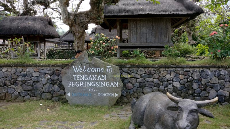 Gerbang selamat datang di Desa Tenganan Pegringsingan dengan patung kerbau dan rumah adat Bali