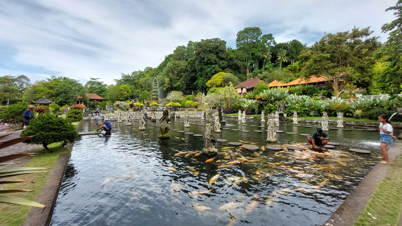 Kolam ikan Koi di Istana Air Karangasem, pengunjung menikmati suasana tenang