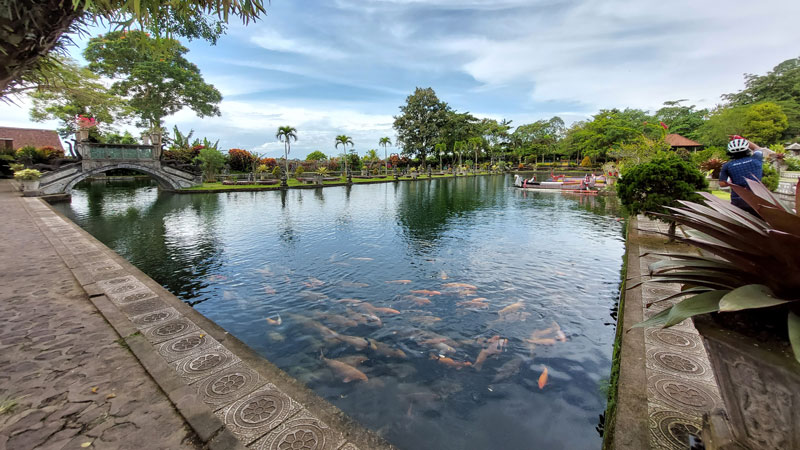 Kolam jernih dan jembatan di Istana Air Bali, dikelilingi oleh taman yang rindang