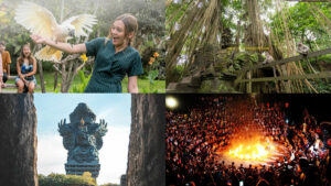 Fitur paket wisata keluarga di Bali: interaksi dengan kakatua, hutan monyet, landmark Garuda Wisnu Kencana, dan pertunjukan api tradisional