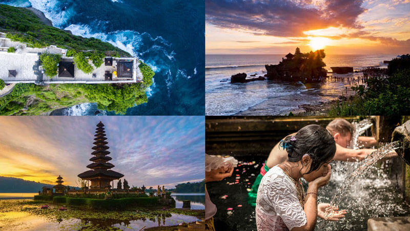 Kolase Sorotan Spiritual Bali: Pura di Tepi Tebing, Pemandangan Matahari Terbenam, Pagoda Ikonik, dan Ritual Penyucian