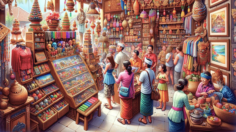 Karikatur toko oleh-oleh di Bali dengan berbagai kerajinan tangan dan pakaian tradisional, ramai dikunjungi turis.