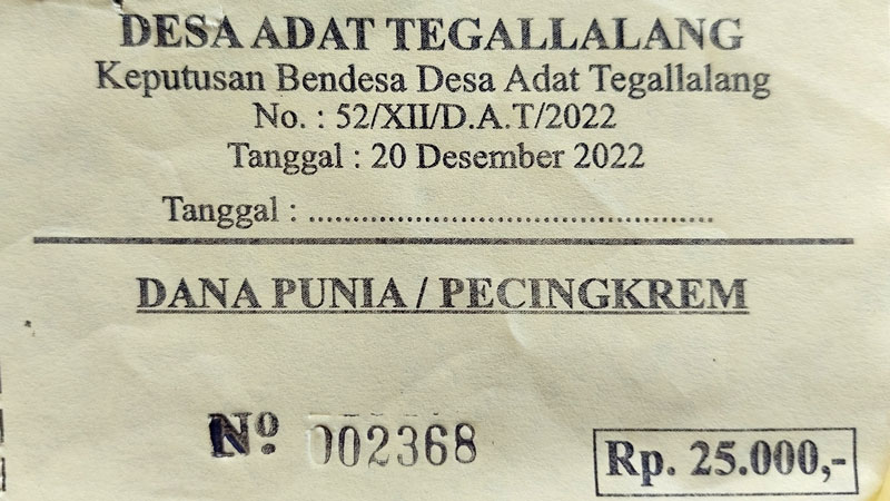 Tiket masuk Desa Adat Tegallalang dengan biaya Rp. 25,000