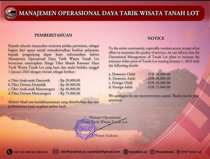 Pemberitahuan harga tiket masuk terbaru Pura Tanah Lot mulai 1 Januari 2024 dengan latar belakang senja yang menawan.