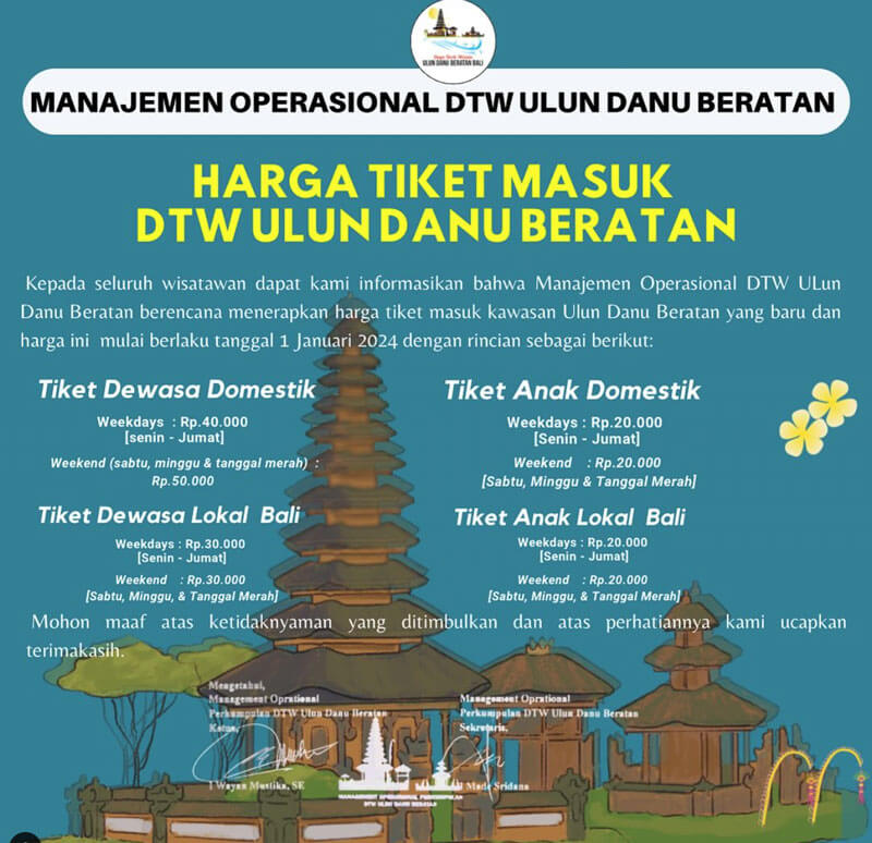 Informasi terbaru tarif masuk Pura Ulun Danu Beratan untuk pengunjung domestik