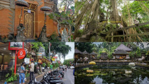 Pemandangan khas Ubud dengan pura tradisional dan hutan monyet di Bali, indikator pengalaman khas Paket Ubud Tour Bali 1 Hari.