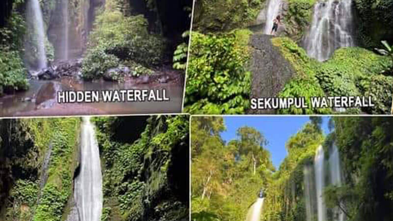 Kolase Air Terjun Sekumpul dan Hidden Waterfall menunjukkan keindahan berbagai air terjun yang tersedia untuk paket medium trekking