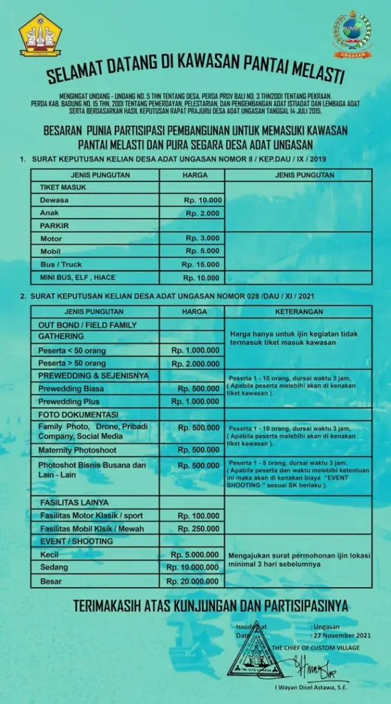Daftatr resmi harga tiket masuk Pantai Melasti Ungasan untuk wisatawan domestik