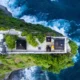Pura Luhur Uluwatu Bali dari Udara di Atas Tebing Menghadap Samudra Hindia