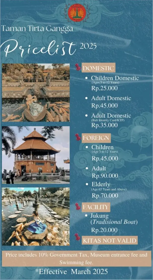 Daftar harga tiket masuk Taman Tirta Gangga Bali terbaru.