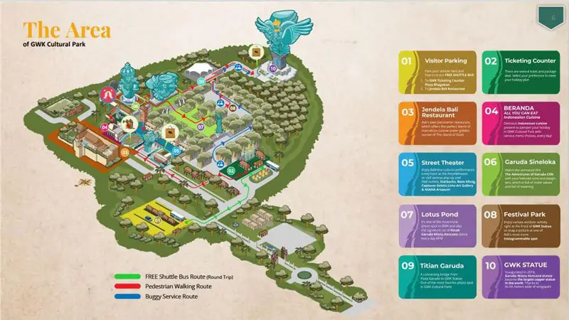 Peta lengkap Cultural Park dengan rute shuttle bus, buggy, dan jalur pejalan kaki. Foto © di Garuda Wisnu Kencana.