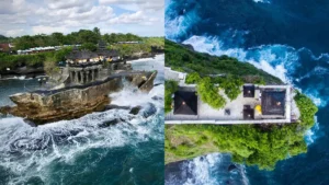 Perbandingan Pura Tanah Lot di atas batu karang dengan ombak besar dan Pura Uluwatu di tebing tinggi menghadap Samudra Hindia.