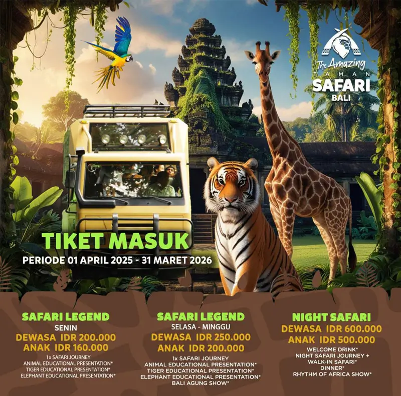 Infografik harga tiket Safari Legend dan Night Safari Bali Safari Park periode 1 April 2025 sampai 31 Maret 2026