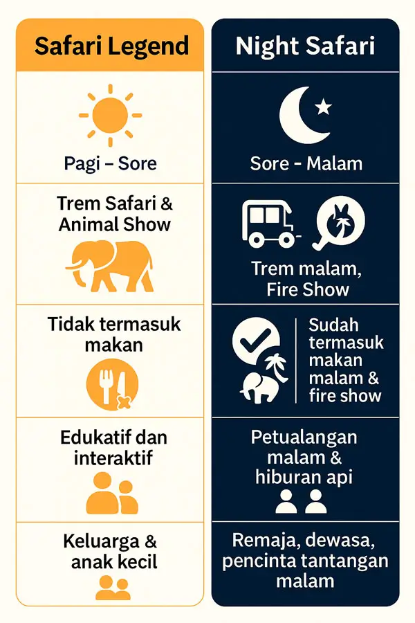 Perbandingan visual Safari Legend dan Night Safari Bali – waktu kunjungan, atraksi, makanan, suasana, dan target pengunjung.