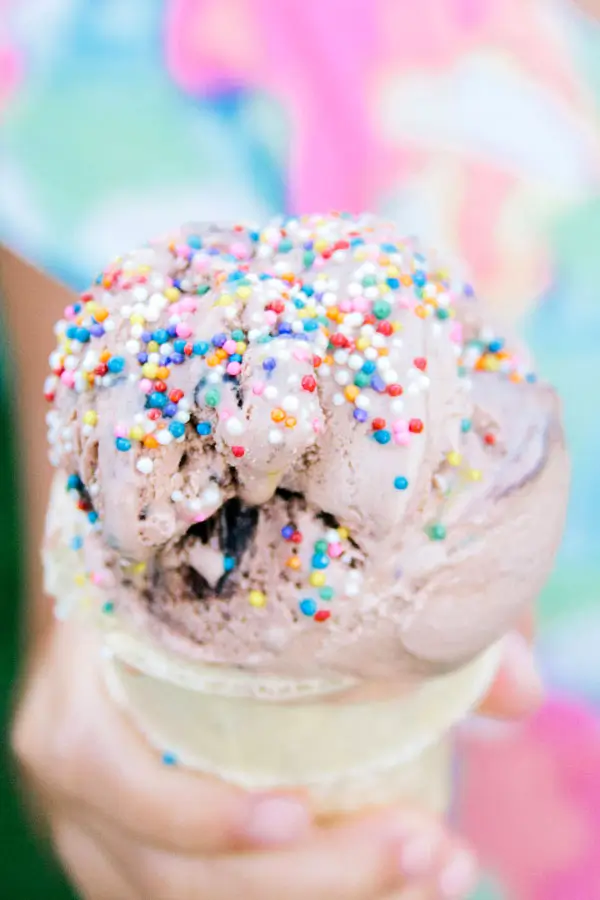 es krim cokelat dengan sprinkle warna-warni dipegang anak