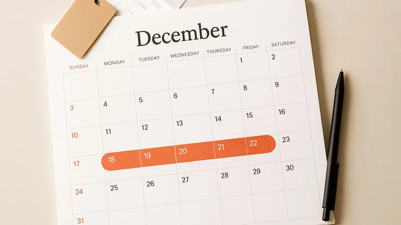 Kalender pemesanan dengan 20 Des–5 Jan disorot.