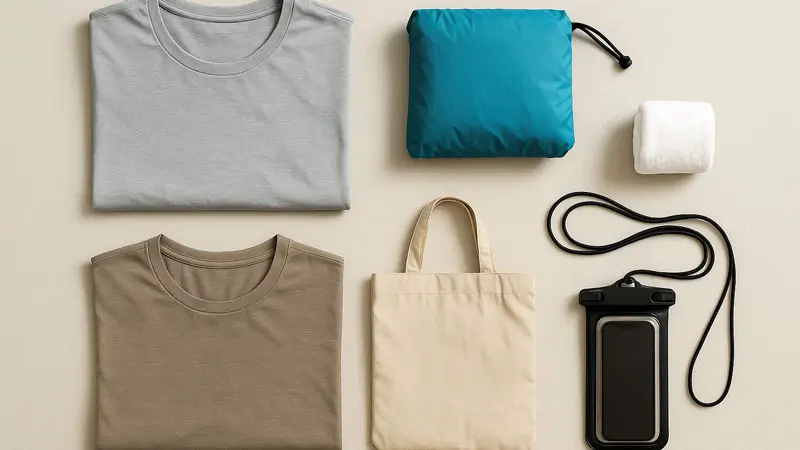 Bali Desember – perlengkapan ringkas: kaos tipis, jas hujan, dry bag, pouch waterproof