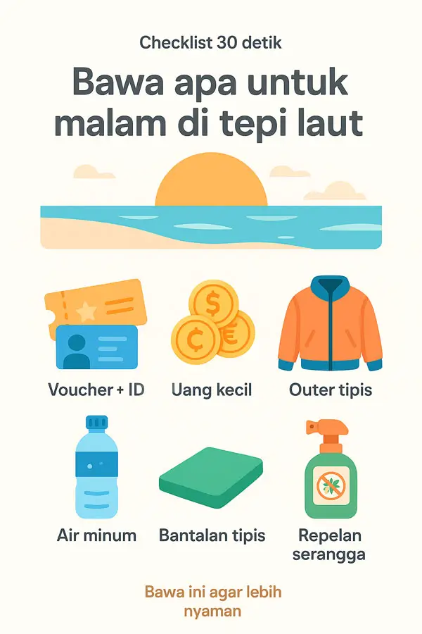 Checklist barang untuk menonton di tepi laut: voucher, ID, uang kecil, outer tipis, air botol, bantalan tipis, repelan serangga