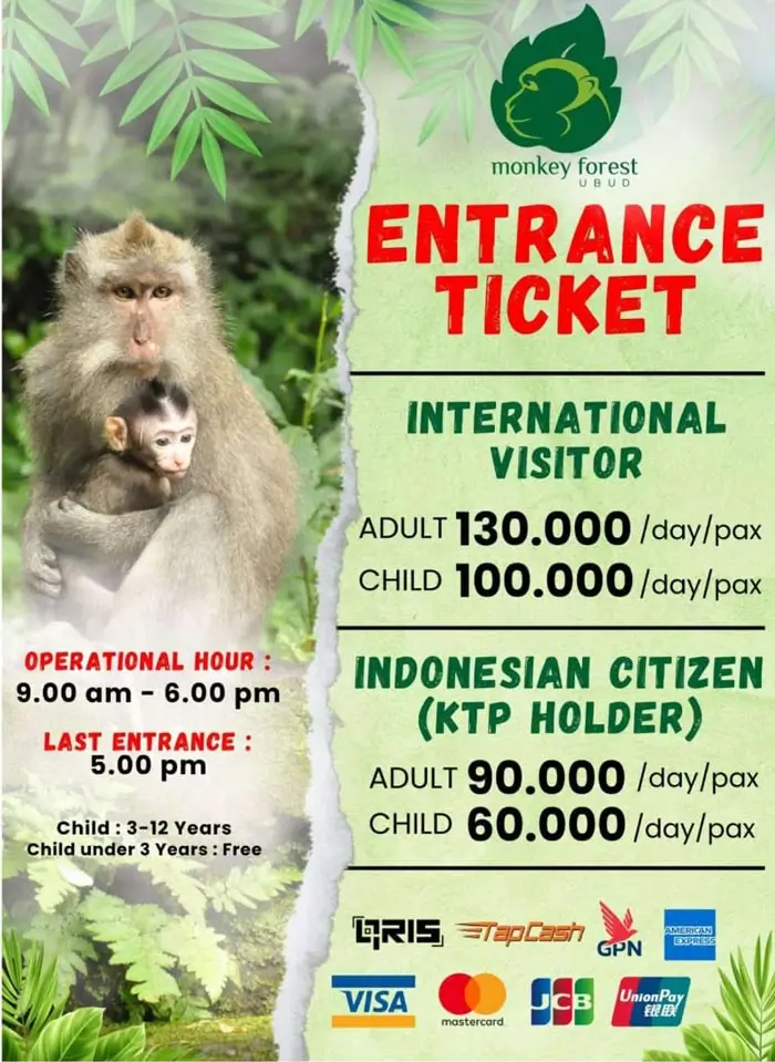 Poster harga tiket masuk Monkey Forest Ubud