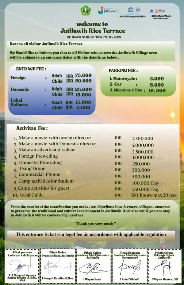 Harga tiket masuk Jatiluwih: lokal Bali, domestik, foreign & parkir