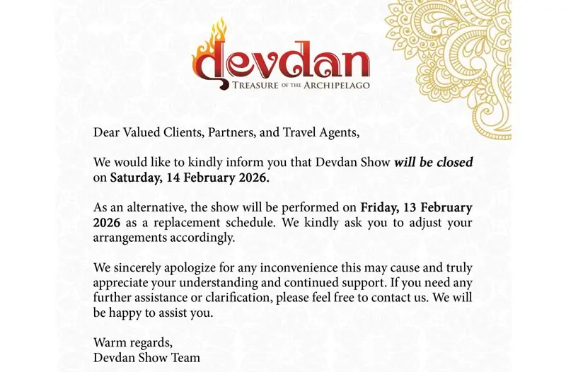 Pengumuman Devdan Show tutup 14 Feb 2026, jadwal pengganti 13 Feb 2026