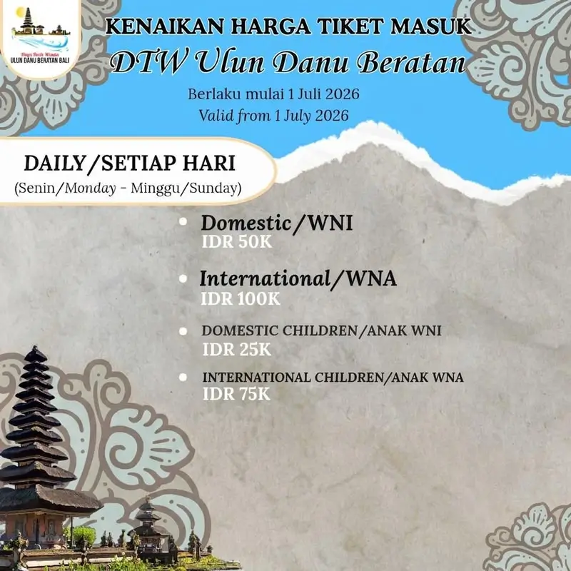 Informasi terbaru tarif masuk Pura Ulun Danu Beratan