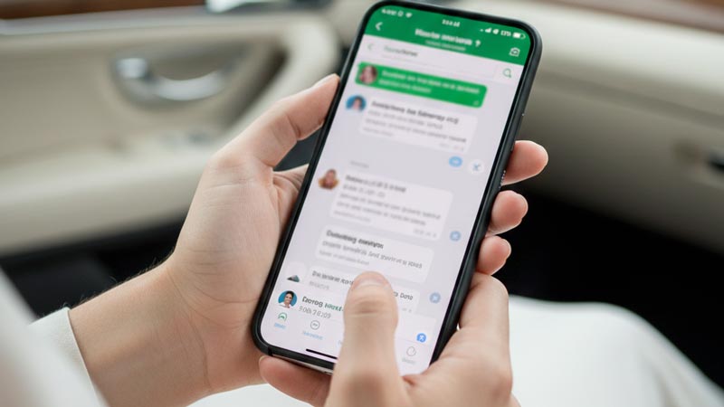 Tangan memegang ponsel siap kirim format booking via WhatsApp.