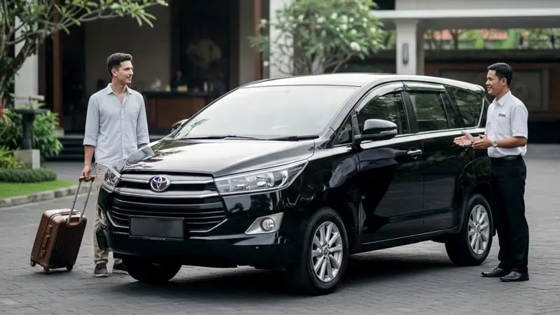Mobil menunggu di drop-off hotel, ilustrasi titik jemput jelas sebelum berangkat.