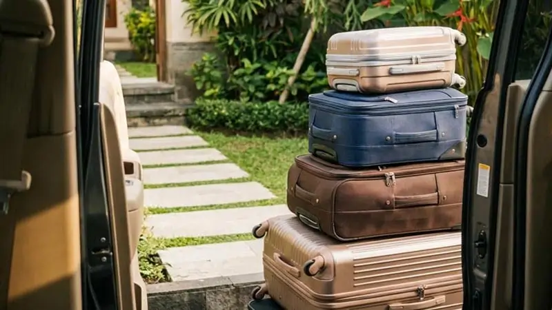 Tumpukan koper yang akan masuk ke bagasi mobil, contoh kalau bawa koper banyak