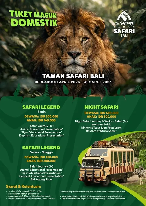 Poster tiket masuk domestik Taman Safari Bali berlaku 1 April 2026 sampai 31 Maret 2027 dengan harga Safari Legend dan Night Safari