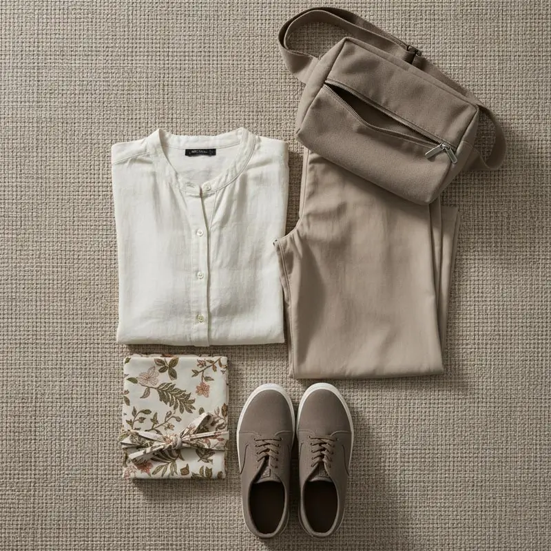 Contoh pakaian sopan dan tas tertutup untuk berkunjung