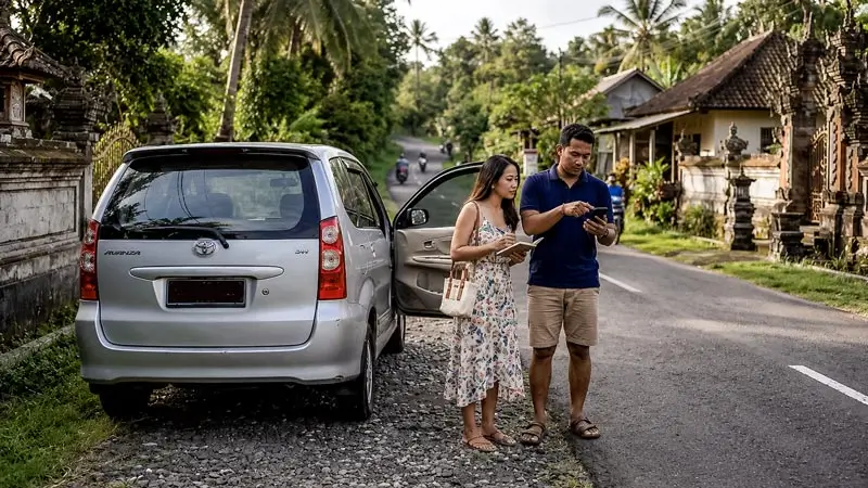 Wisatawan mengecek rute perjalanan menuju Ubud di dekat kendaraan