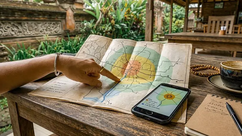 Peta dan smartphone untuk memahami zona Ubud sebelum menyusun rute
