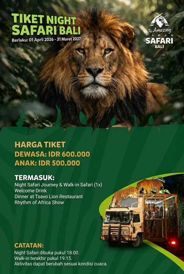 Poster harga publish Night Safari Bali dengan singa dan kendaraan safari