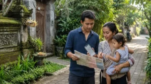 Keluarga mengecek peta dan smartphone saat liburan di Ubud untuk pemula