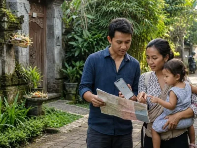Keluarga mengecek peta dan smartphone saat liburan di Ubud untuk pemula